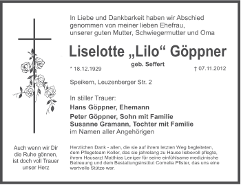 Traueranzeige von Liselotte Göppner von Pegnitz-Zeitung